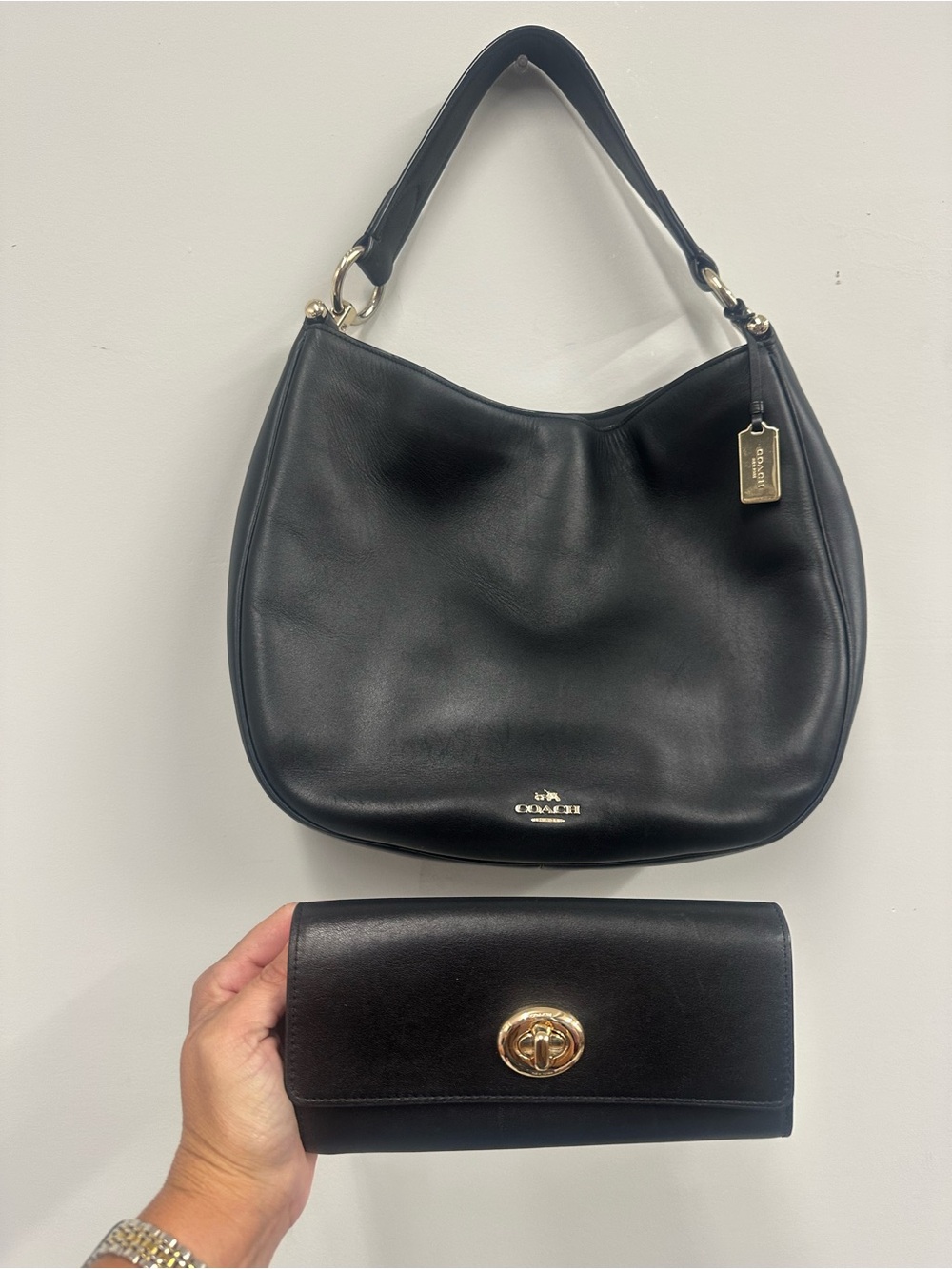 Coach Black Leather Hobo Bag with Matching Black Wallet